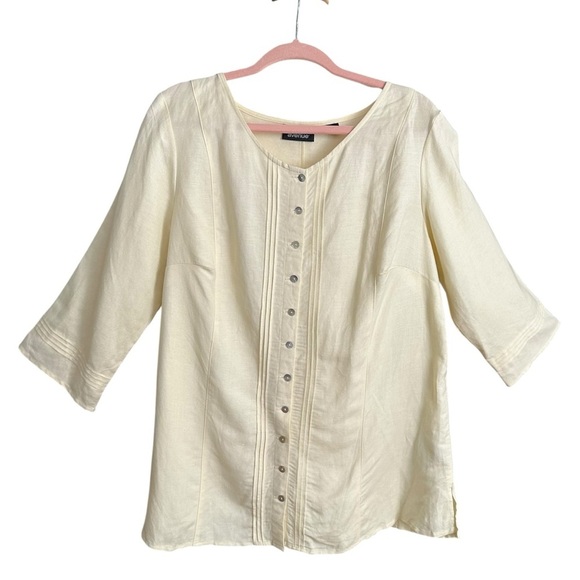 AVENUE Pale Yellow Pintuck Linen Blend Tunic Blouse Mother of Pearl Button Front - Picture 1 of 14